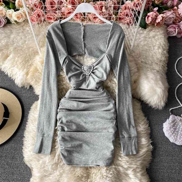 

spring autumn temperament ladies low-cut square-neck slim-fit pleated hip long-sleeved dress uk551 210506, Black;gray