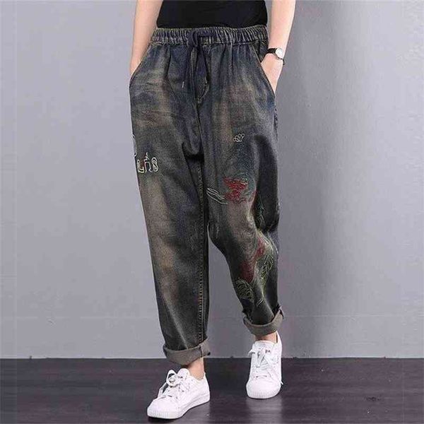 Herbst Winter Kunst Stil Frauen Elastische Taille Harem Hosen Stickerei Lose Vintage Jeans Baumwolle Casual Denim Große Größe D427 210512