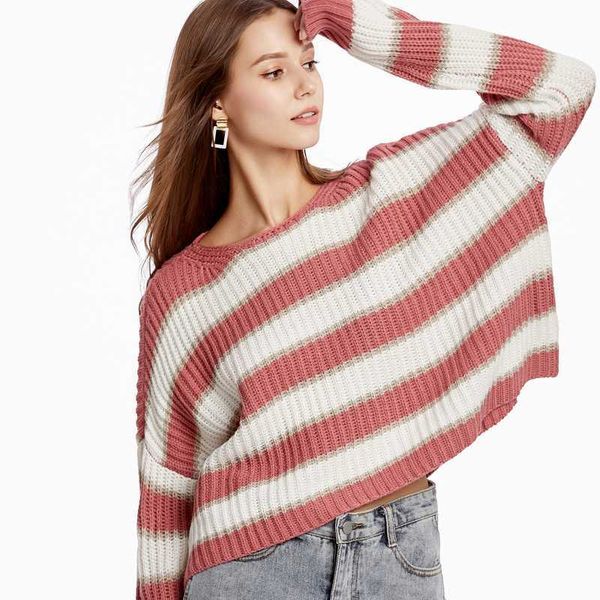 

women's sweaters casual striped loose knitted o-neck long sleeve pullovers autumn winter girls o81n, White;black