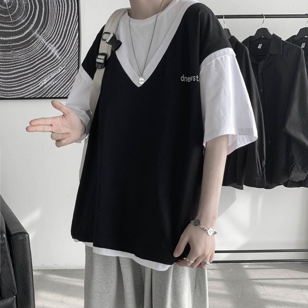 

t-shirts fake two-piece men's t-shirt trend loose and versatile cloth 2021 summer fashion brand short sve, White;black