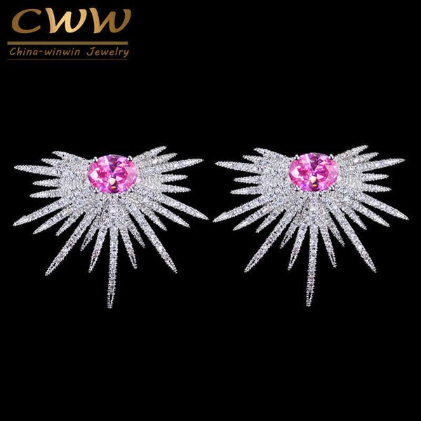 Brand Exclusive Micro Gepflastertes Rosa Kubikzirkonia Silber Farbe Big Stud Punk Ohrring Schmuck für Frauen CZ100 210714