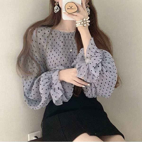 

o neck flare long sleeve blouse women vintage dot pattern work style ol blusas spring shirt feminino all match 210427, White