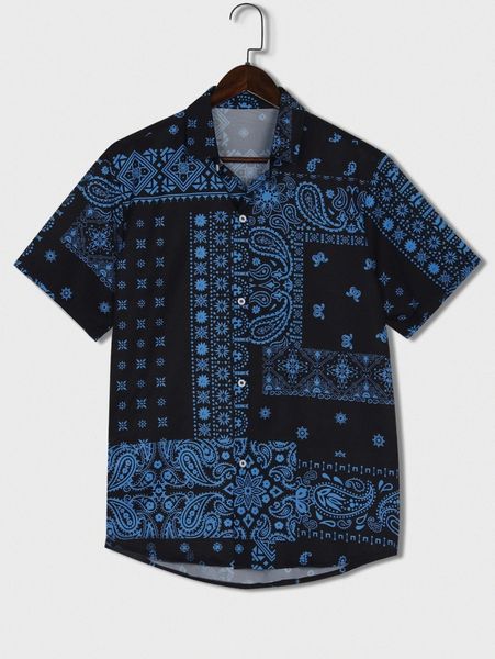 

romwe guys paisley & scarf print curved hem shirt p3wb#, White;black