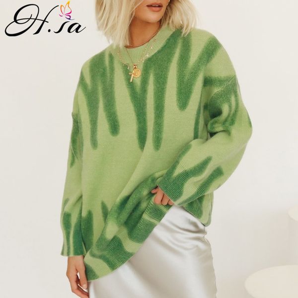

h.sa korean style women sweaters oneck long sleeve tie dye sweater knit jumpers jersey mujer pull femme 210417, White;black