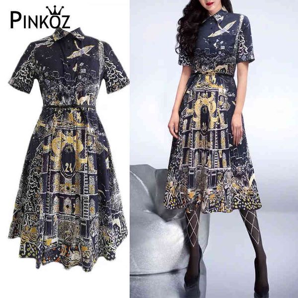 

vintage designer black baroque printed summer dresses for party large size turn down collar women female robe with belt z 210421, Black;gray