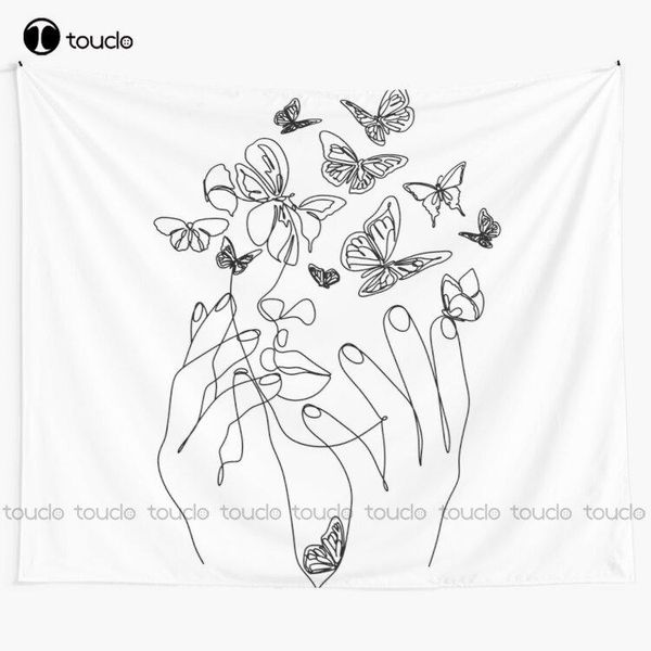 

tapestries abstract face with butterfly by one line drawing. portrait minimalistic style. botanical print. nature symbol of cosmetics