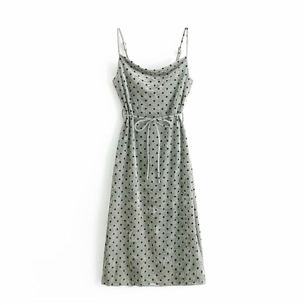 Donne eleganti velluto verde a pois abiti moda donna cinturino sottile abito lungo dolce femminile chic telai abiti 210427