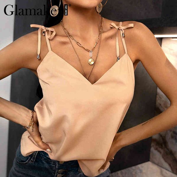 

glamaker v neck lace up tank casual women summer spring sleeveless tanks camis basic all-match fashion short new 210414, White