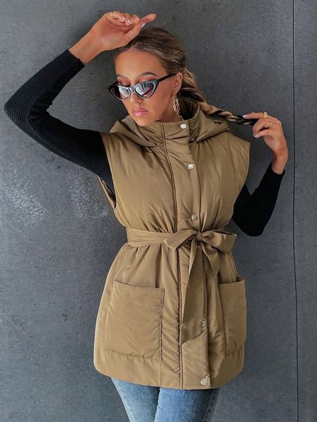 

double pocket hooded belted winter coat d63z#, Black