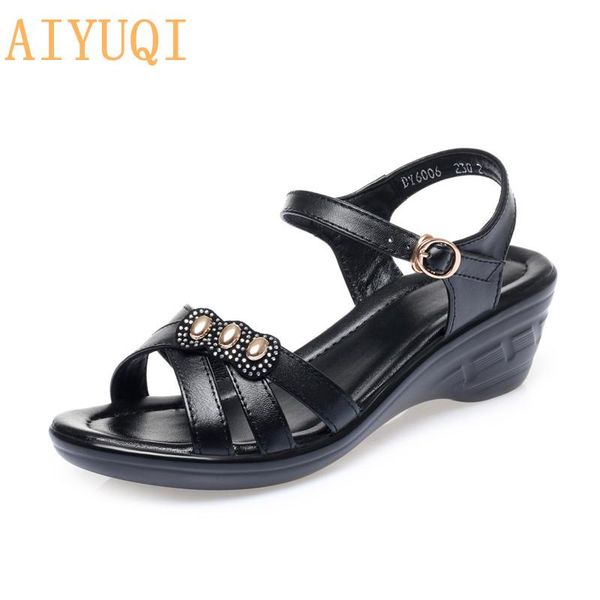 

women sandals summer 2021 shoes genuine leather wedge casual large size middle-aged mother, Black