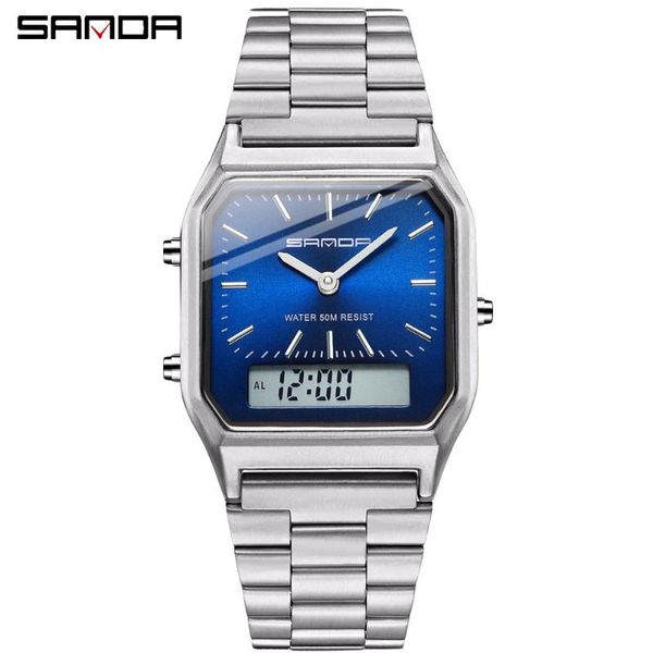 

wristwatches 2021 fashion dual display quartz casual men business stainless steel strap water resistant sports watches sanda, Slivery;brown