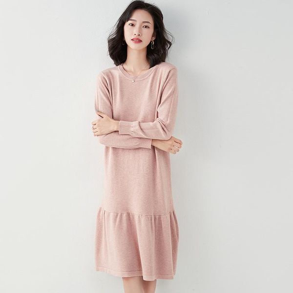 

casual dresses 2021 spring autumn knitted women dress fashion female elegant sweater midi long sleeve soild color ruffles, Black;gray