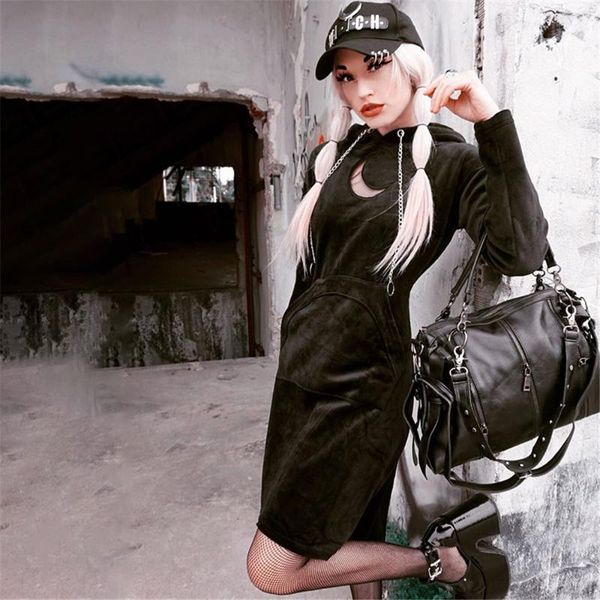 

casual dresses gothic women irregular hooded dress rock harajuku long sleeve moon embroidered one-piece with front pocket chain ladies cloth, Black;gray