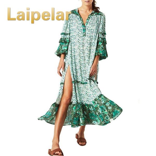 

casual dresses laipelar summer print boho maxi loose vintage beach long ruffles sleeve african ethnic floral bohemian dress, Black;gray