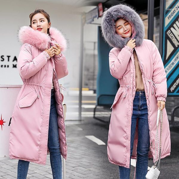 

women's down & parkas autumn winter hooded big fur collar jacket thicken cotton warm coat female plus size outwear women parka two furs, Black