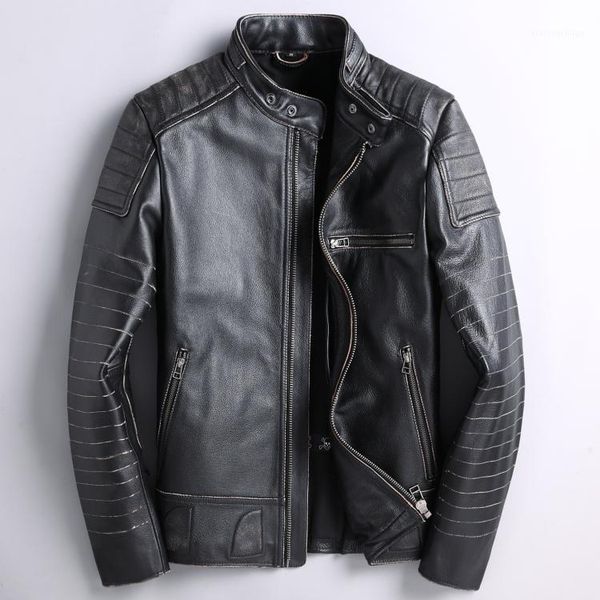 

men's leather & faux stand collar slim fit autumn locomotive genuine jacket cowhide embroidery fashionable, Black