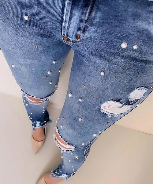

retro wash water elastic hole beading plus size jeans, Blue