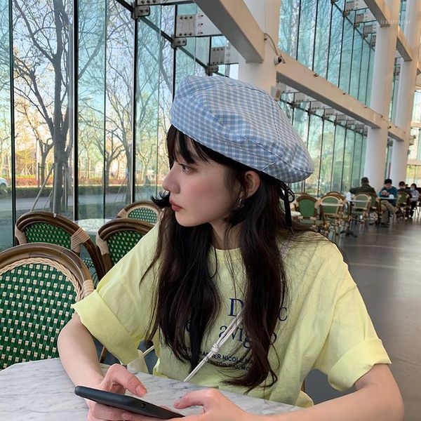 

berets foux beret hats summer women thin plaid adjustable rope string baker boy painter casquette octagonal brimless designer japanese, Blue;gray