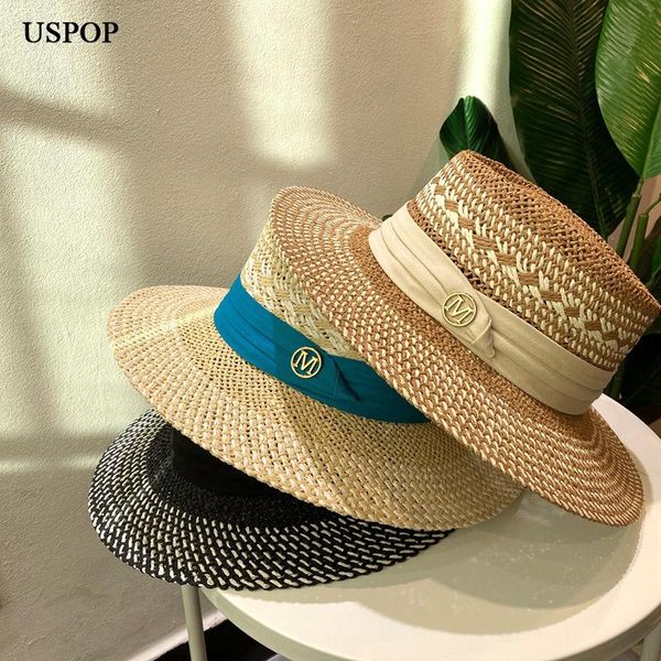 

wide brim hats uspop summer straw 2021 panama female beach with letter m, Blue;gray