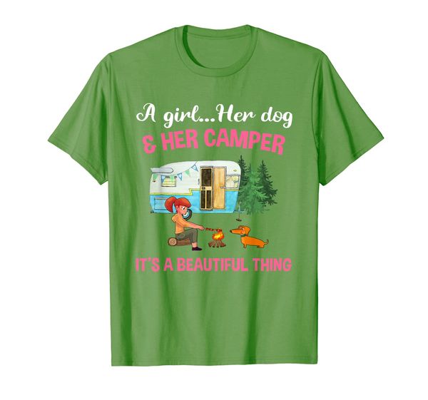 

a girl her dog and her camper women girls t-shirt, White;black