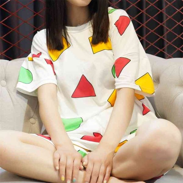 

pijama set for women summer sleepwear suits with sleep and shorts round neck geometric cute lounge wear 210809, Black;red