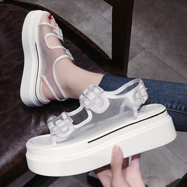 

net celebrity double buckle band summer elevated shoes women open toe femmes sandalias rome breathable mesh sandals 2021, Black