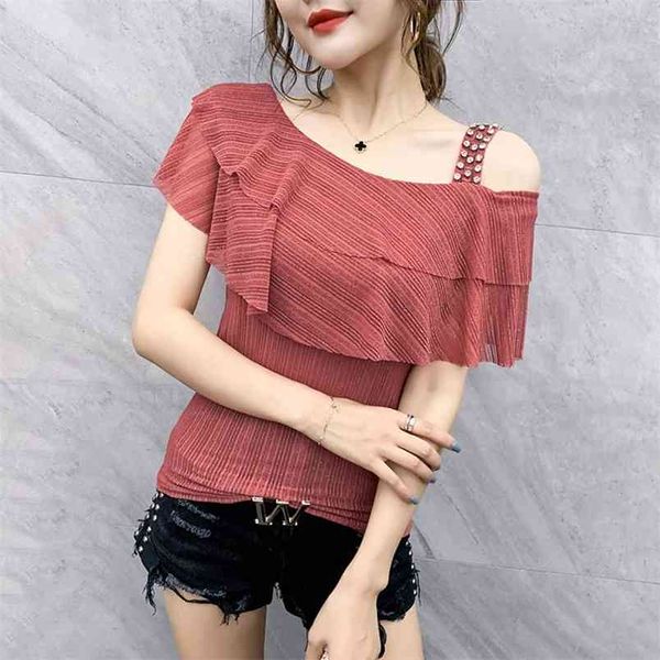

women's summer slash neck t-shirt fashion solid ruffles short-sleeved diamonds strapless korean female pl010 210506, White