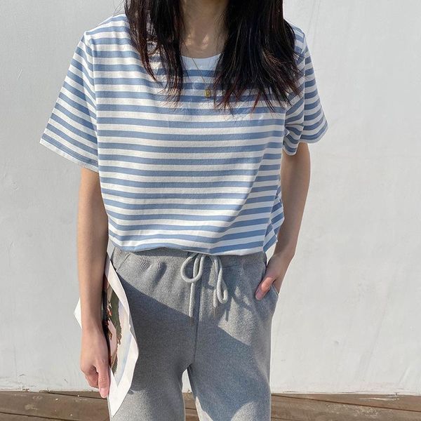 

women's t-shirt 95% pure cotton stripe short sleeve women t-shirts 2021 summer round neck loose casual fashion female basic 9309, White