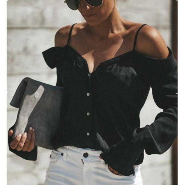 

women's blouses & shirts hoolo women summer off shoulder casual buttons strap long lantern sleeve solid v-neck b o510, White