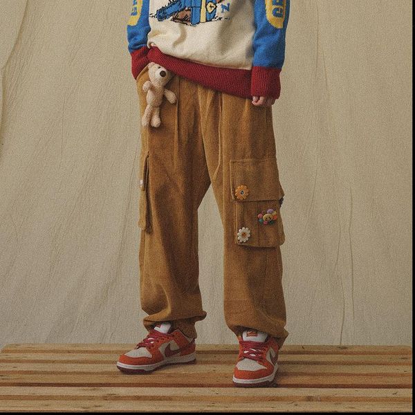 

japanese streetwear corduroy vintage brown women pant cargo pockets oversized korean style trousers, Black;white