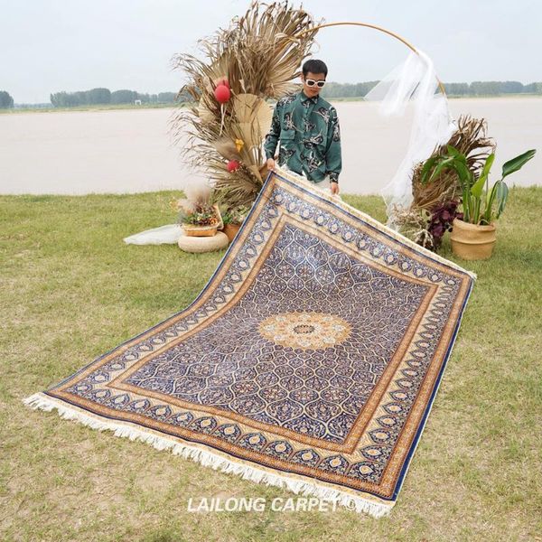 

carpets 6'x9' blue medallion handmade rugs persian 100% silk hand woven rug (zqg409a)
