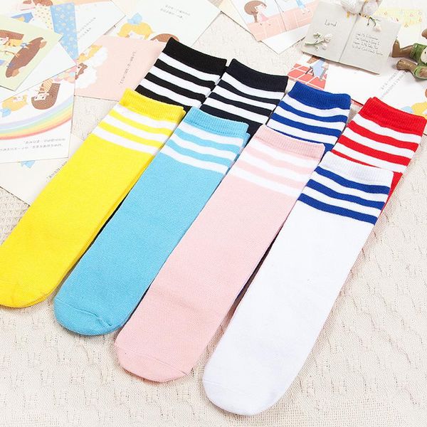

children baby long tube leg warm kids knee high socks for girls boys stripes cotton sports old school white skate, Pink;yellow