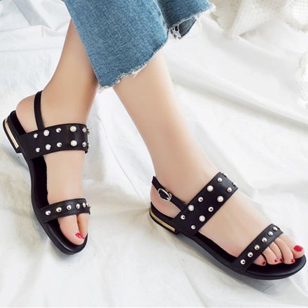 

women sandals cow leather flat heel summer fashion shoes black all match size 31-46