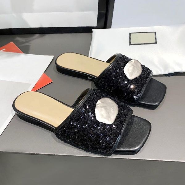 

designer flat sandals casual and comfortable women's slippers fashion summer women's sandals sequins beautiful leather office wome, Black