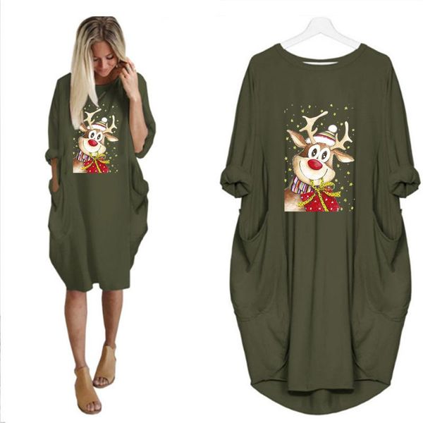 

casual dresses christmas reindeer print women plus size dress loose pockets long sleeve o-neck autumn vintage party streetwear vestidos, Black;gray