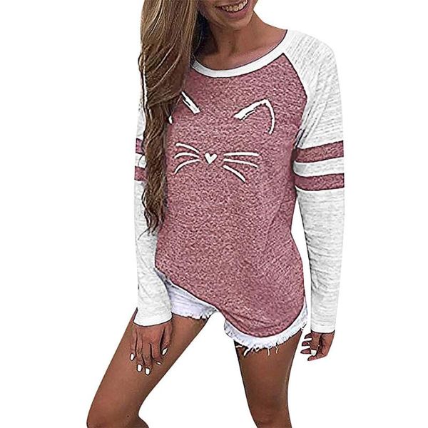 

women's t-shirt harajuku camisetas women lady's casual round neck fashion cat print stitched long sleeve shirt patchwork regular f, White