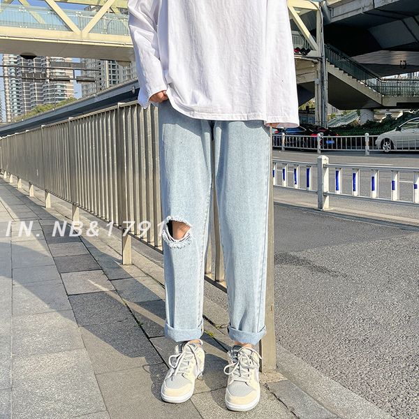 

jeans spring and summer ripped men's fashion casual hole jeans men streetwear loose hip-hop straight denim trousers mens s-2xl, Blue
