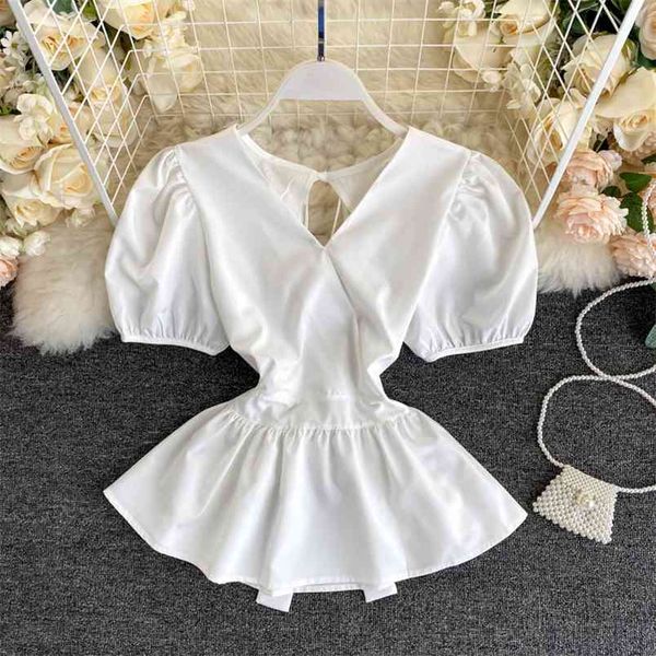 

summer women's blouse korean style hollow open back puff sleeve lace-up waist slimming lotus leaf s ll144 210506, White