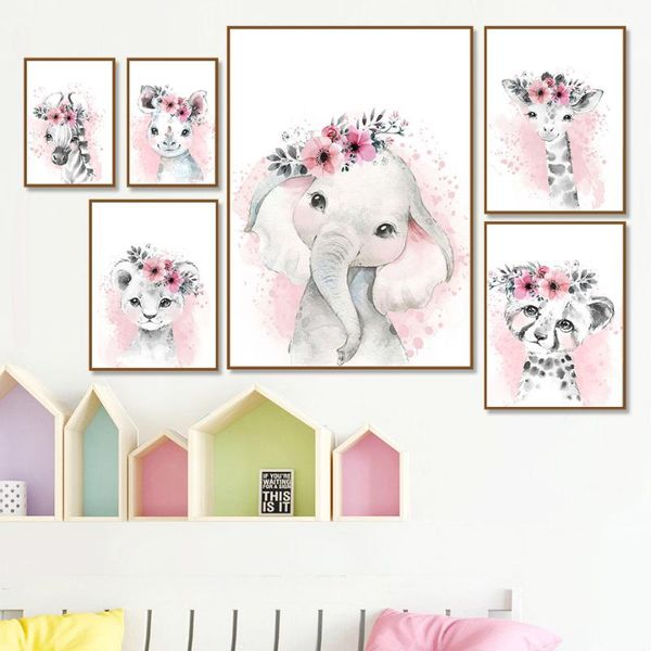 

paintings nursery wall art posters print watercolor flower canvas painting zebra elephant lion giraffe decoration baby girl room pictures