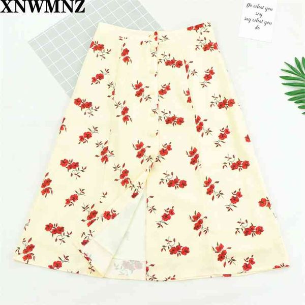 

women summer skirt france red floral print women midi skirts casual center buttons fashion split 210520, Black