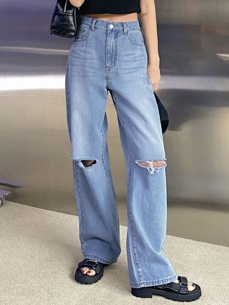 

dazy high waist ripped frayed straight leg jeans s0xq#, Blue