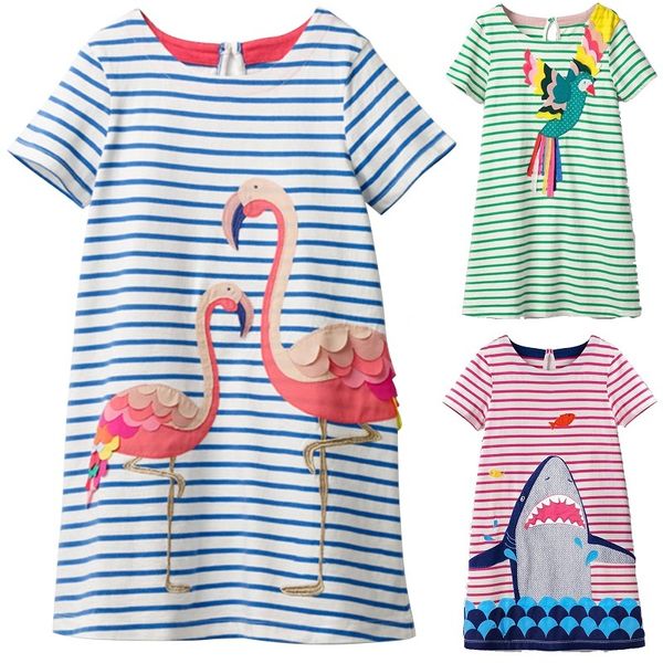 Applikationen Baby Mädchen Kleider Gestreifte Flamingo Kinder Kleidung Mädchen Einteiliges Kleid Prinzessin Kinder Blusen Vestidos Outfit Tops 210413
