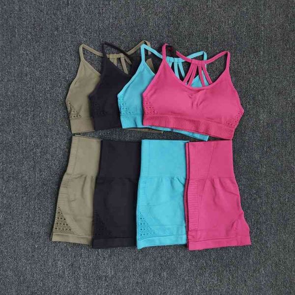 

2 pcs sports suits energy seamless yoga set workout clothes for women wear high waist gym shorts padded strappy bra, White;red