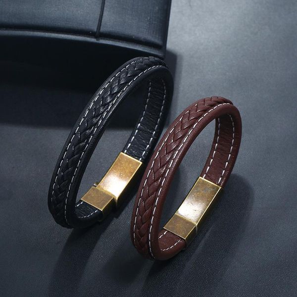 

tennis minimalist pu leather bracelets with stainless steel clasp black/brown vintage weave pattern women men bangle jewelry decoration, Golden;silver