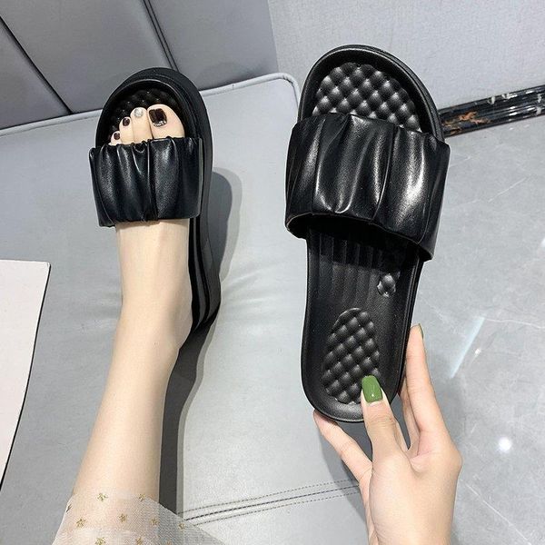 

shoes slippers heels slipers women luxury slides platform med high 2021 designer flat soft rubber concise casual fashion pleated, Black