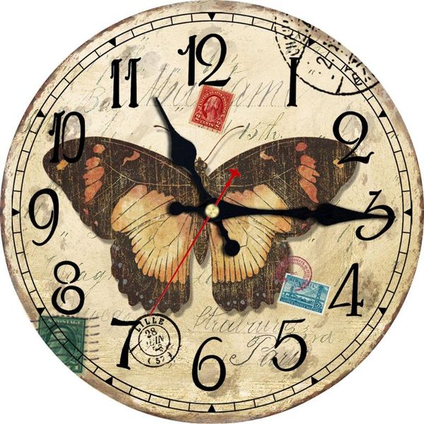 

wall clocks round wooden silent non-ticking colorful butterflies retro vintage decoration for home office school