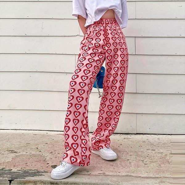 

y2k pink heart printed straight women pants high waist drawstring long woman streetwear summer harajuku trousers, Black;white