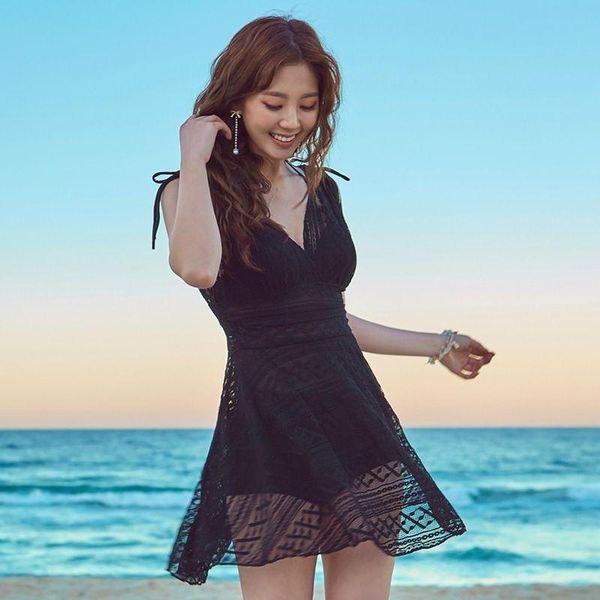 

one-piece suits swimsuit female 2021 korean split flat-angle skirt lace steel support gathered cover belly slimming spring swimwear