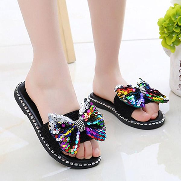 

slipper parent-child bow spangle glitter open toe non-slip summer princess sandals bm88, Black;grey