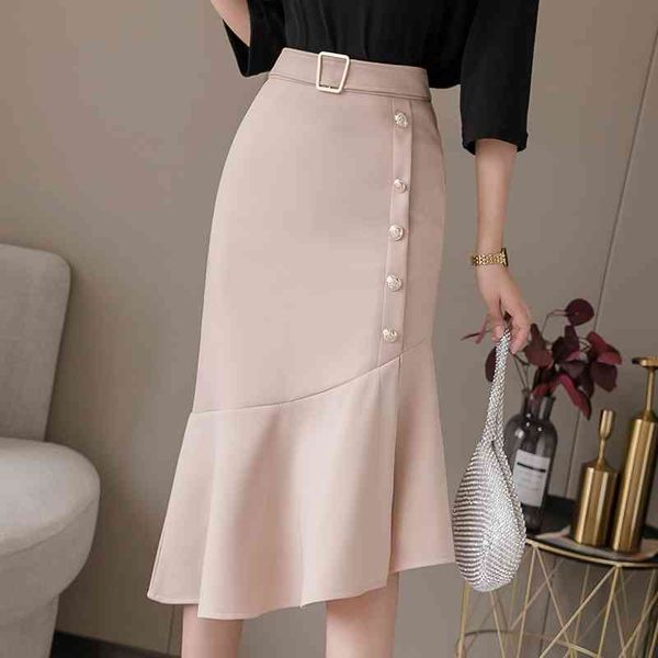 

verhellen irregular high waist midi skirts womens korean fashion gold button pencil skirts office ladies skirt jupe femme 210706, Black